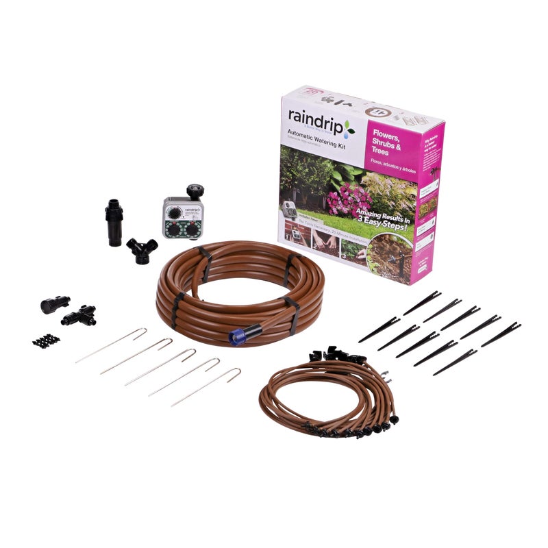 Raindrip SDFSTH1P Automatic Drip Irrigation Watering Kit with Timer for Flowers, Shrubs, and Trees, Waters up to 10 Plants, Includes Timer with Customizable Settings, 2 GPH Drippers - Image 1